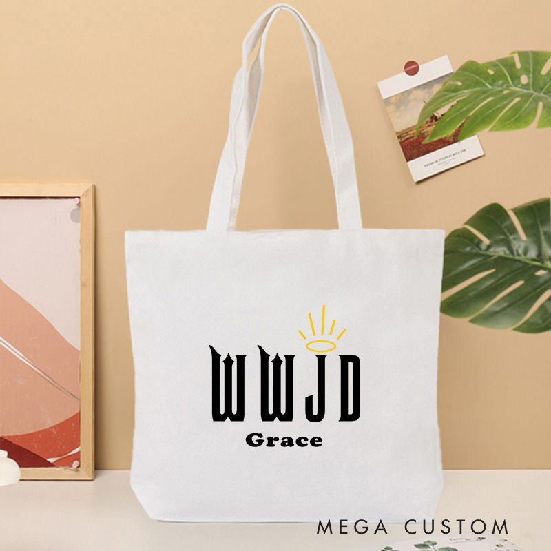 Personalized What Would Jesus Do Bible Verse Canvas Tote Bag with Name Inspirational Christmas Gift for Women Positive Affirmation Religious Gift