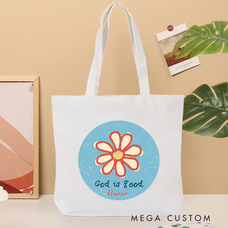 Personalized Flower God is Good Bible Verse Canvas Tote Bag with Name Inspirational Christmas Gift for Women Positive Affirmation Religious Gift