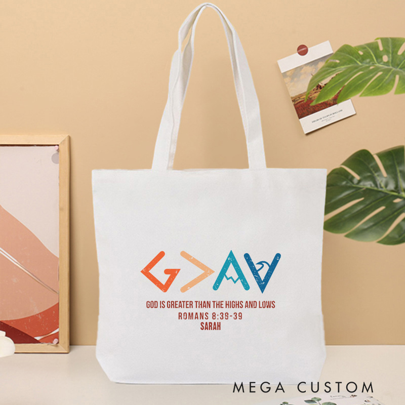 Personalized God is Greater Bible Verse Canvas Tote Bag with Name Inspirational Christmas Gift for Women Positive Affirmation Religious Gift