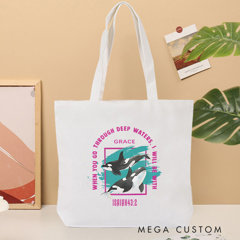 Personalized When You Go Through Deep Waters Canvas Tote Bag with Custom Name Christians Gift Birthday Gift Christian Travel Gift for Jesus Lover 