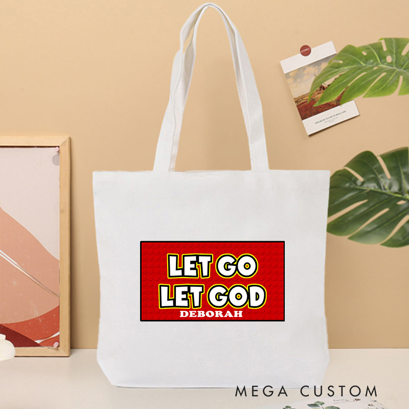 Personalized Let Go Let God Bible Verse Canvas Tote Bag with Name Inspirational Christmas Gift for Women Positive Affirmation Religious Gift