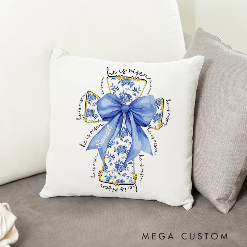 Personalized He Is Risen Bible Verse Throw Pillow with Name Christian Birthday Gift for Family Religious Inspirational Gift for Christian