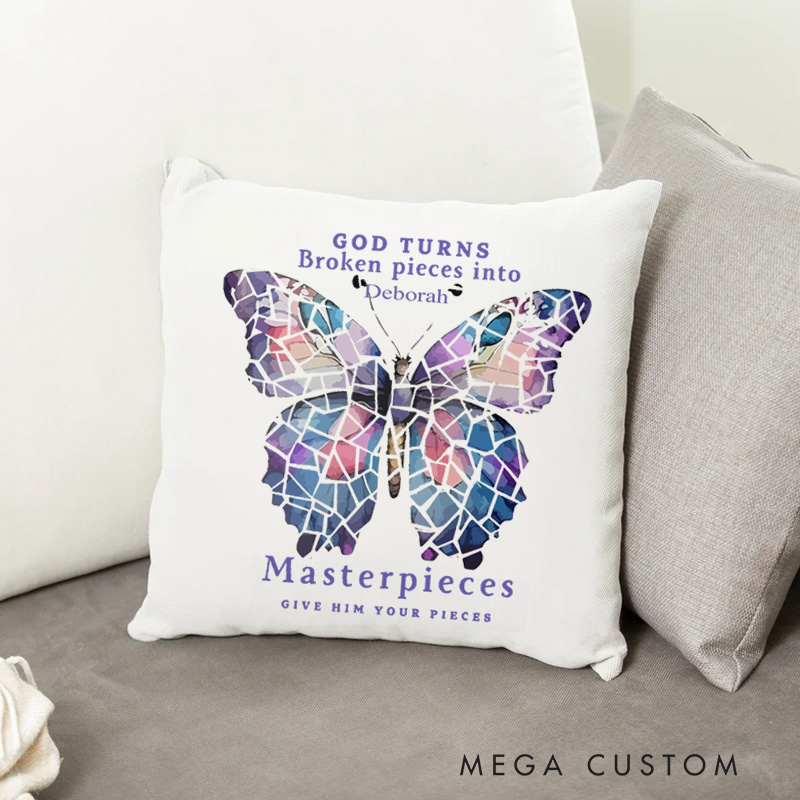 Personalized God Turns Broken Pieces Into Bible Verse Throw Pillow with Text Home Decor Religious Gift for Christians Birthday Gift