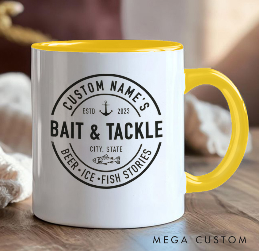 Personalized Bait & Tackle Mug Fishing Design with Name & Location for Fishing Lover