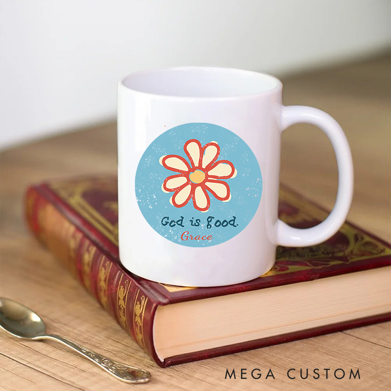 Personalized Flower God is Good Bible Verse Ceramic Mug with Name Christmas Gift for Christians Birthday Gift for Christians