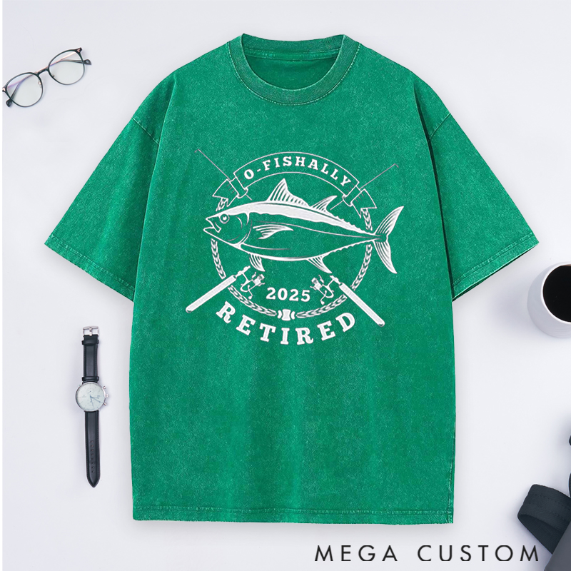 Personalized Fishing O-Fishally Retired Washed T-Shirt Great Retirement Gift for Fishing Lover Dad Grandpa