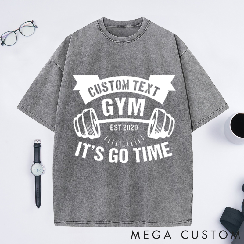 Personalized Gym Washed T-Shirts with Personalized Text and Dumbbell Design for Fitness Enthusiasts Bodybuilders and Gym Lovers