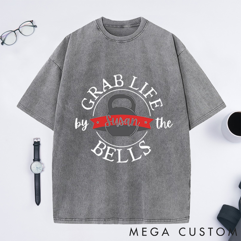 Personalized Kettlebell Washed T-Shirts with Motivational Grab Life by the Bells Design for Fitness Enthusiasts Bodybuilders and Gym Lovers