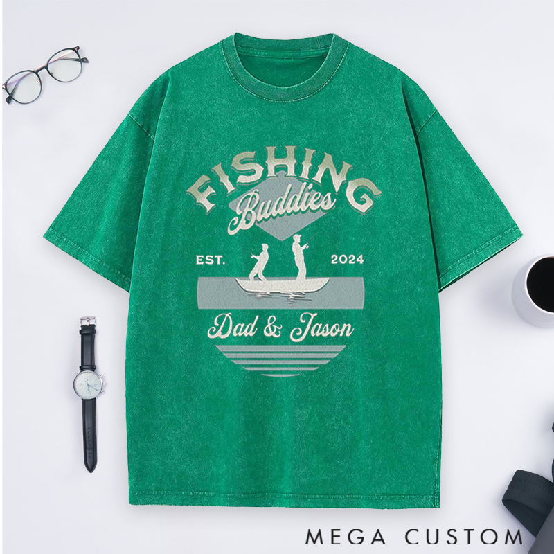 Personalized Fishing Buddies Washed T-Shirt with Father and Child Silhouette for Fishing Enthusiast