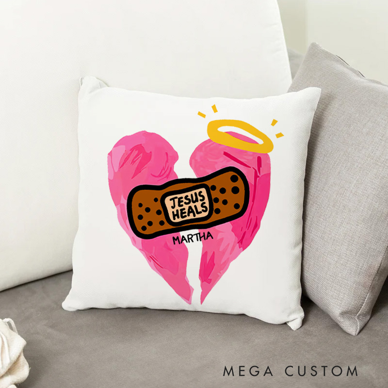 Personalized Jesus Heals Throw Pillow Cover with Name Home Decor Broken Heart Bandage Throw Pillow Christian Gift for Family Gift for Jesus Lover