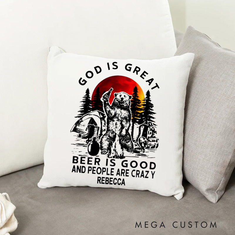 Personalized God is Great Beer is Good and People are Crazy Throw Pillow Cover with Name Home Decor Fun Throw Pillow Christian Gift for Family
