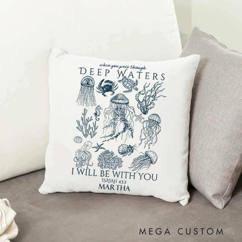 Personalized Isaiah 43:2 Bible Verse Throw Pillow Cover with Name Home Decor Christian Ocean Animal Throw Pillow Coastal Sea Life Pillow Cover Gift