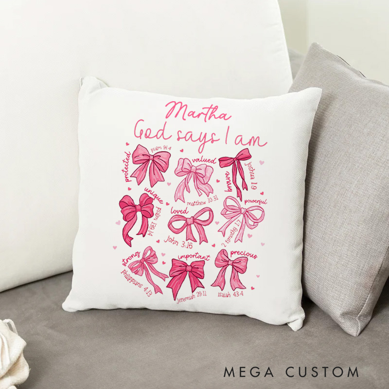 Personalized God Says I am Throw Pillow Cover with Name Home Decor Women Pink Coquette Bow Christian Bible Verse Throw Pillow Christian Faith Gift