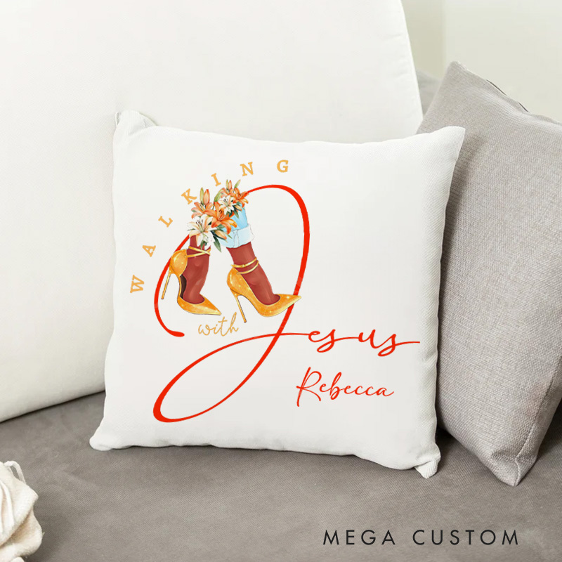 Personalized Walking with Jesus Throw Pillow Cover with Name Home Decor Christian Heels Lily Flower Throw Pillow Religious Gift for Jesus Lover
