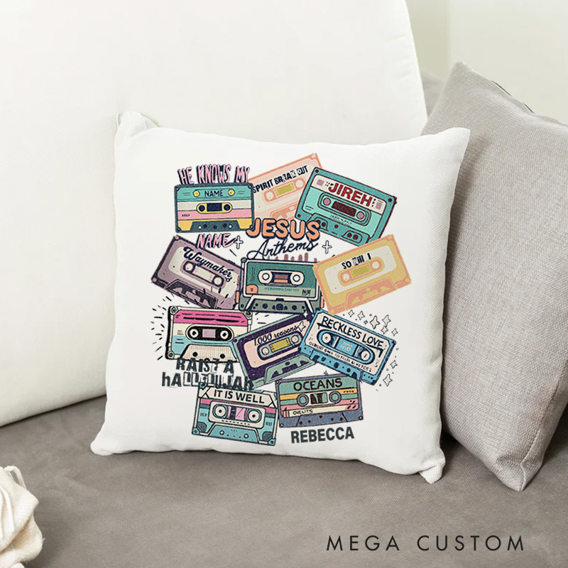 Personalized Jesus Anthem Throw Pillow Cover with Name Home Decor Retro Cassette Tape Bible Verse Throw Pillow Christian Family Gift for Jesus Lover