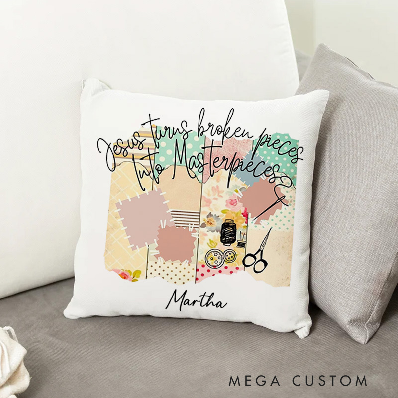 Personalized Jesus Turu's Broken Pieces into Masterpieces Throw Pillow Cover with Name Home Decor Bible Verse Throw Pillow Christian Gift for Belivies