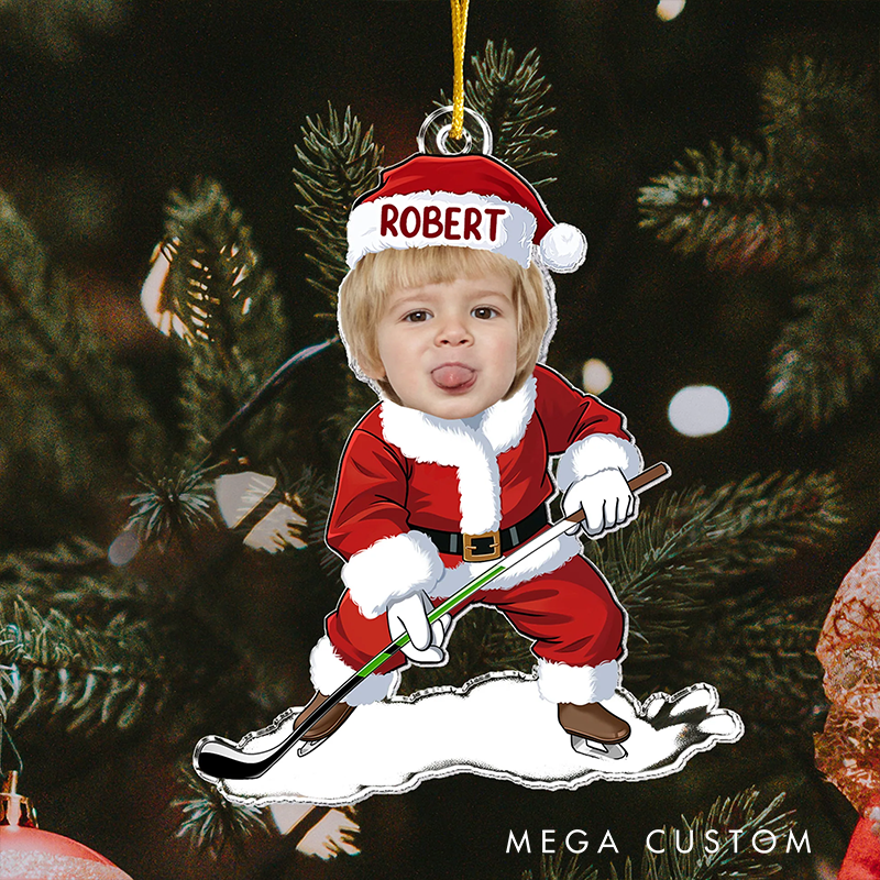 Personalized Santa Photo Ornaments with Custom Face Upload Name and Sports Themed Holiday Design