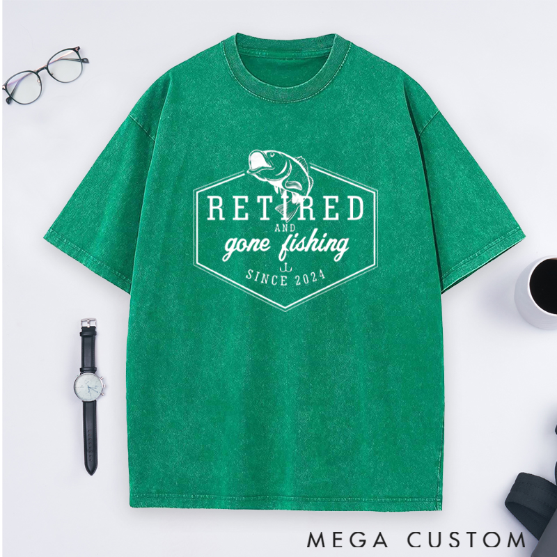 Personalized Retired and Gone Fishing Washed T-Shirt Retirement Gift for Fishing Outdoors Lover