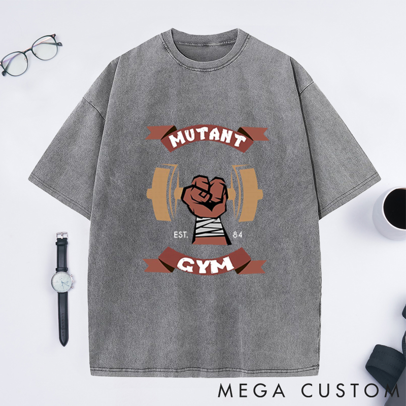 Personalized Mutant Gym Washed T-Shirts with Bold Fist and Barbell Design for Fitness Enthusiasts Bodybuilders and Gym Lovers