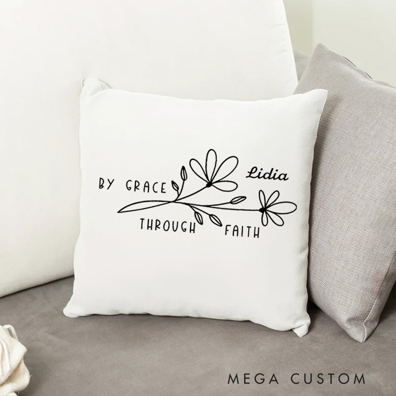 Personalized By Grace Through Faith Throw Pillow with Custom Name Christian Home Decor Birthday Baptism Gift for Women and Girls