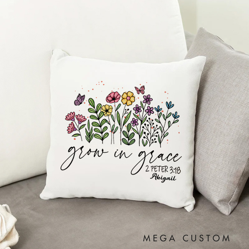 Personalized Floral Grow in Grace Bible Verse Throw Pillow with Custom Name Christian Home Decor Birthday Baptism Gift for Women and Girls