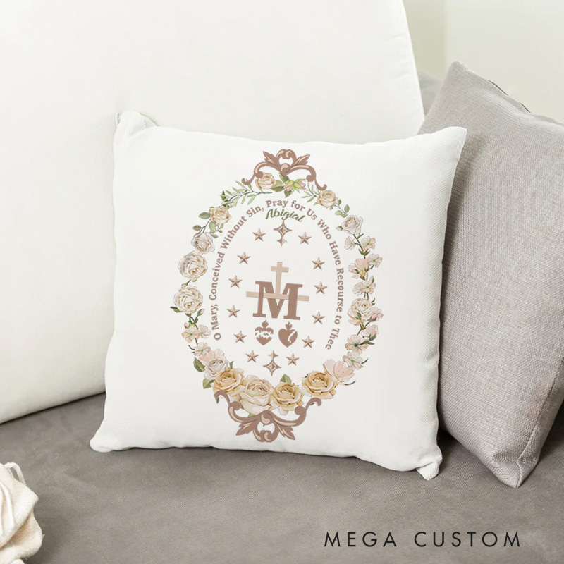 Personalized Virgin Mary and Floral Wreath Throw Pillow with Name Catholic Gift Religious Gift Easter Christmas Gift for Women