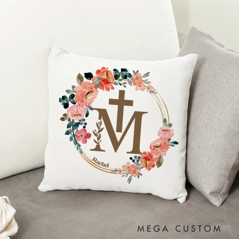 Personalized Virgin Mary with Cross and Floral Wreath Throw Pillow with Name Home Decor Catholic Gift Easter Christmas Gift for Women and Girls