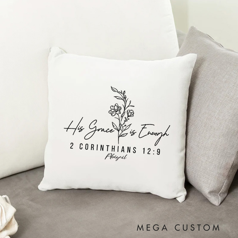Personalized His Grace Is Enough Bible Verse Throw Pillow with Name Floral Soft Home Decoration Easter Gift for Women and Girls