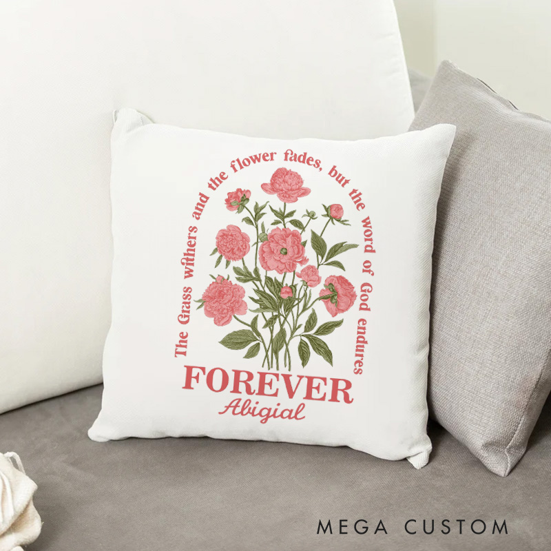 Personalized Isaiah 40:8 Bible Verse Vintage Floral Throw Pillow with Name Room Decor Religious Gift Birthday Christmas Gift for Women and Girls
