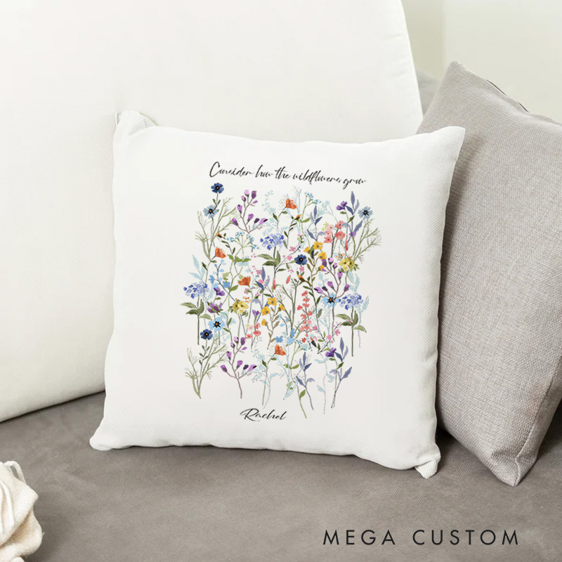 Personalized Botanical Floral Wildflowers Throw Pillow with Name Room Decor Religious Gift Birthday Gift for Christian Women