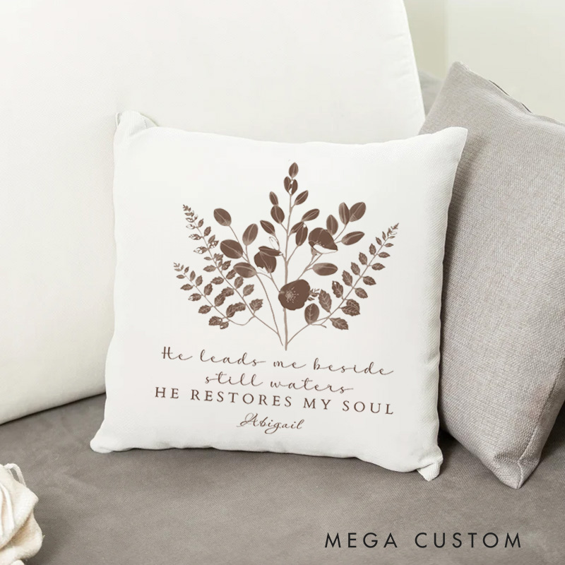 Personalized He Restores My Soul Throw Pillow with Name Faith Based Pillow Religious Gift Birthday Gift for Christian Women and Girls