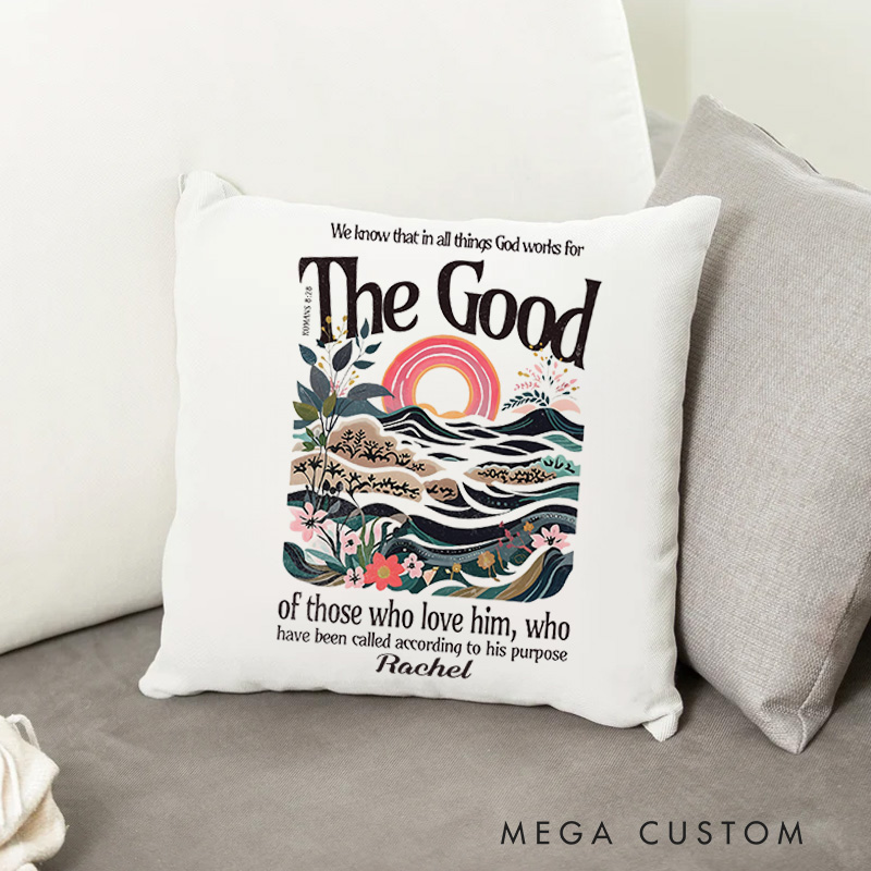 Personalized Romans 8:28 Bible Verse Throw Pillow with Hills and Fields Faith Pillow Home Decor Birthday Gift for Women and Girls