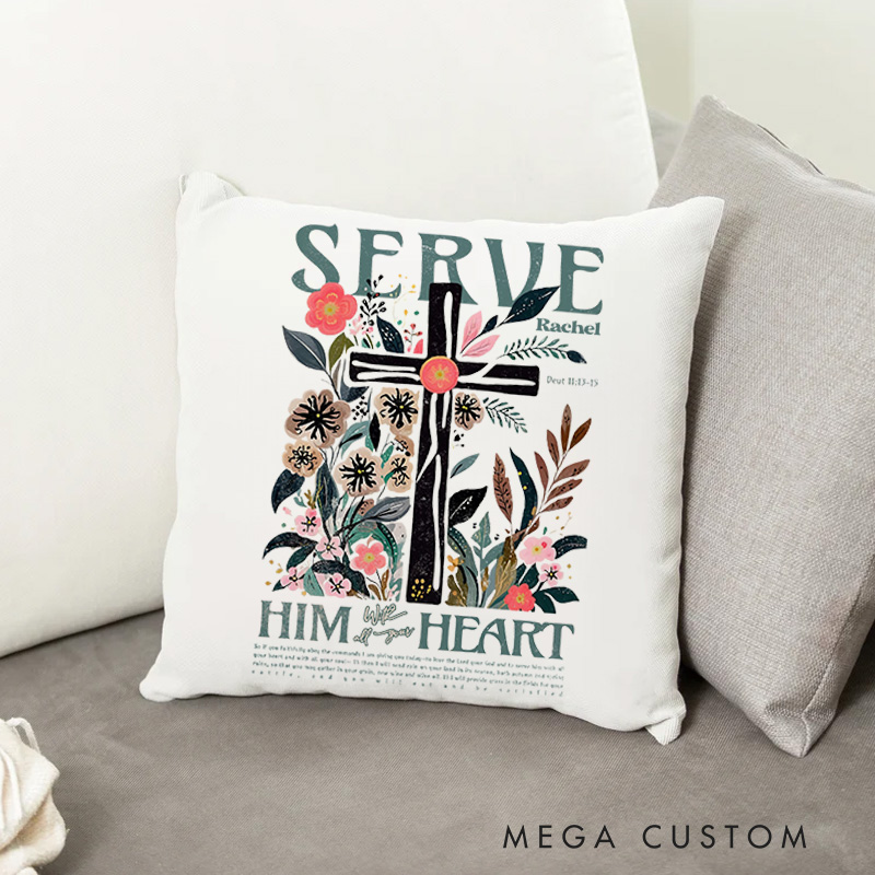 Personalized Deuteronomy 11:13-15 Bible Verse Throw Pillow with Cross and Floral Religious Pillow Home Decor Birthday Gift for Women