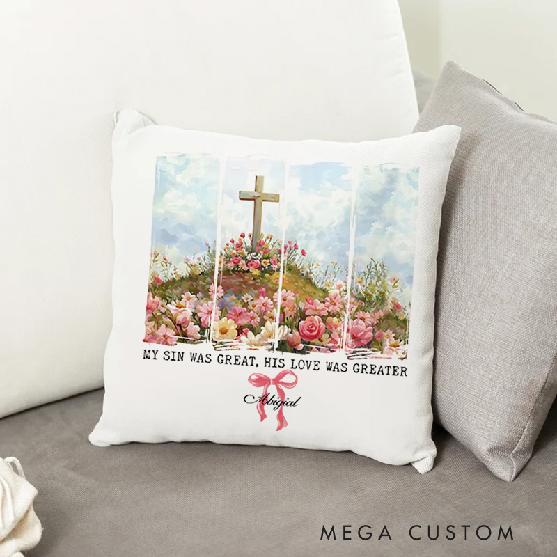 Personalized My Sin Was Great His Love Was Greater Throw Pillow with Name Spiritual Home Decor Gift for Female Friends
