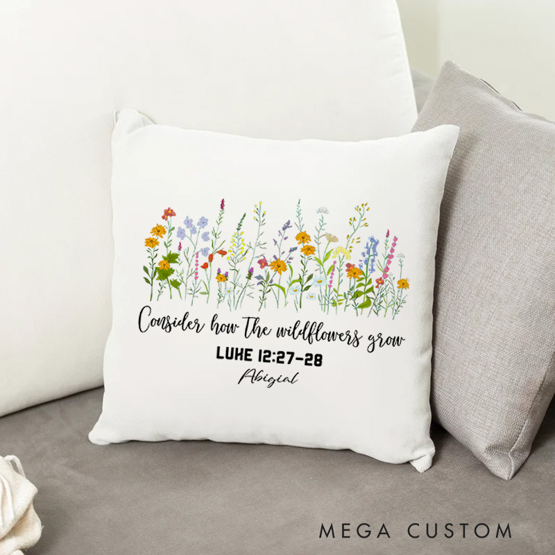 Personalized Luke 12:27-28 Throw Pillow with Custom Name Home Decor Religious Gift Birthday Gift for Women and Girls