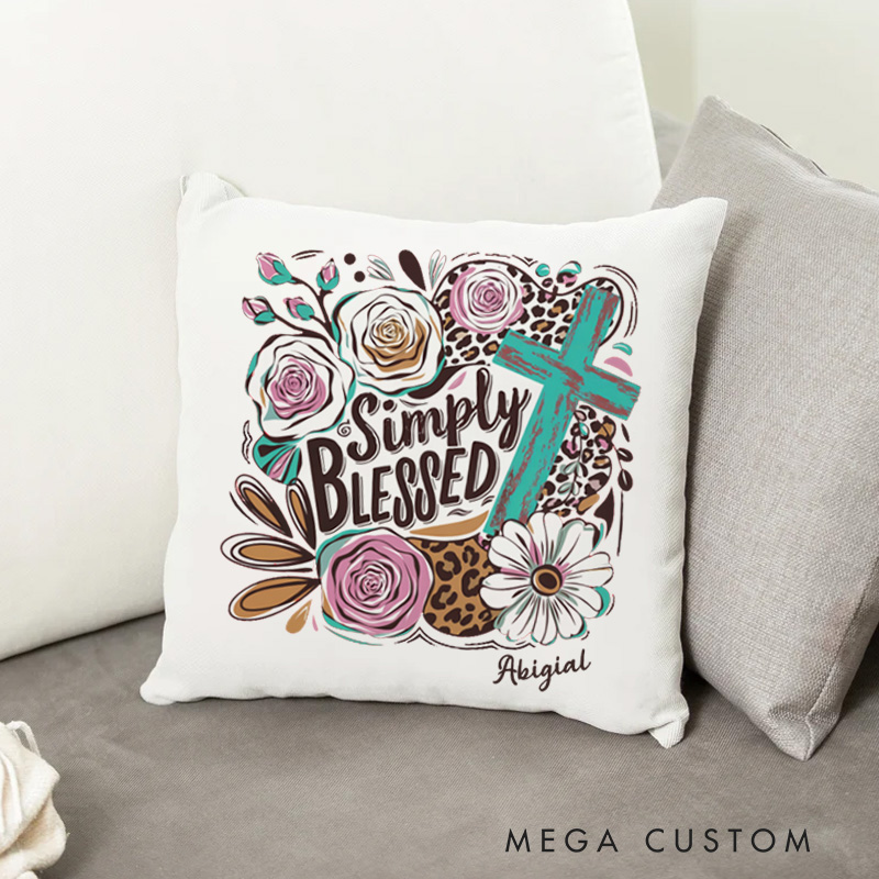 Personalized Simply Blessed Throw Pillow with Name Leopard Flower Cross Theme Pillow Birthday Gift Religious Gift for Girls and Women
