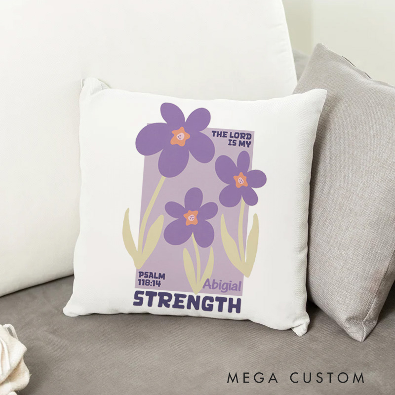 Personalized the Lord Is My Strength Throw Pillow with Purple Floral Custom Name Home Decor Gift of Faith Birthday Gift for Her