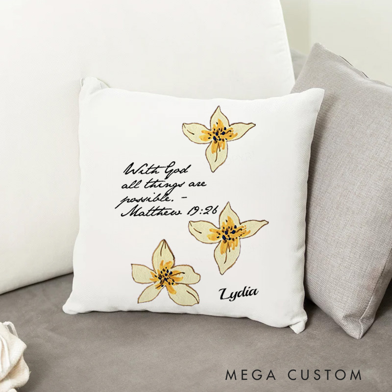 Personalized with God All Things Are Possible Throw Pillow with Name Bible Verse Pillow with Yellow Floral Grace Gift Birthday Gift for Women
