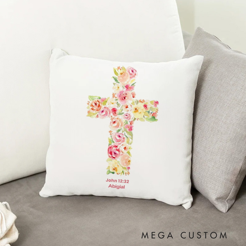 Personalized John 12:32 Bible Verse Custom Name Throw Pillow with Watercolor Flowers Cross Religious Gift for Christian Women Girls
