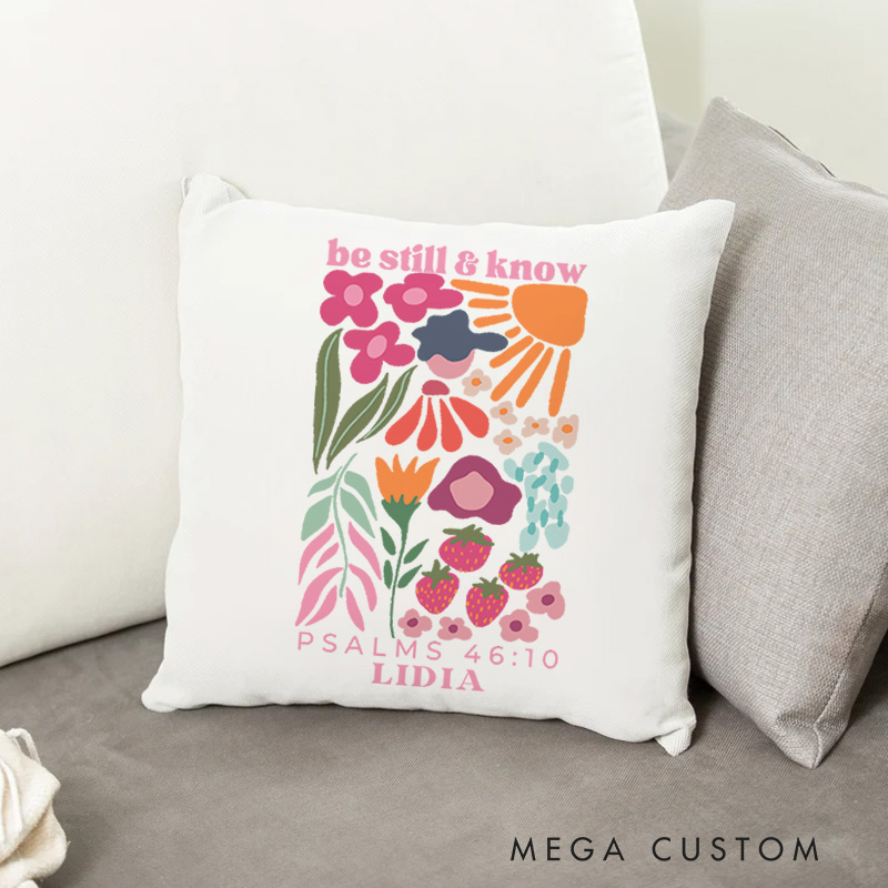Personalized Bible Verse Psalms 46:10 Custom Name Throw Pillow with Floral and Nature Inspired Elements Faith Quote Pillow Religious Gift for Women