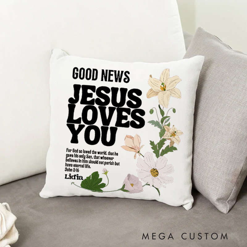 Personalized Good News Jesus Loves You Throw Pillow with Name Spiritual Pillow Birthday Gift for Girls Gift of Faith