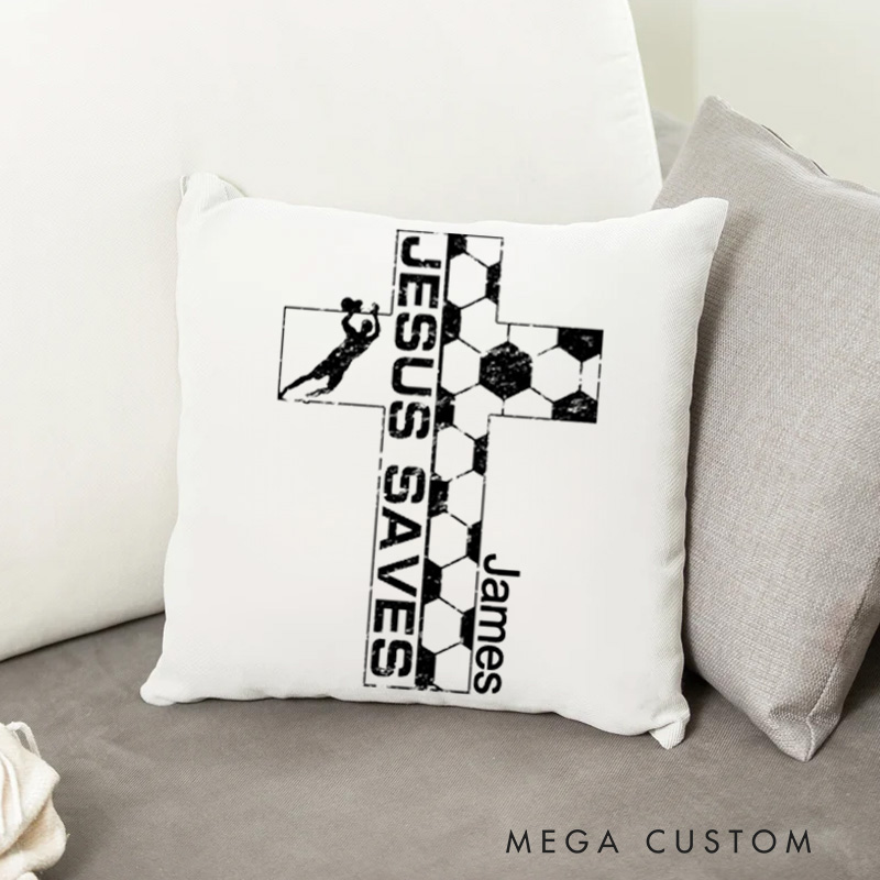 Personalized Jesus Saves Christian Cross Soccer Goalie Goalkeeper Throw Pillow with Name Vintage Distressed Style Birthday Gift for Men