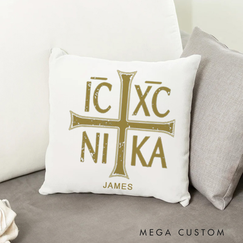 Personalized IC XC NIKA Eastern Orthodox Throw Pillow with Custom Name Room Decor Gift Religious Gift for Men and Women