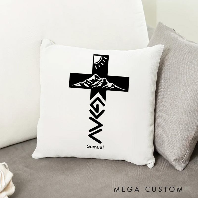 Personalized Sun and Mountain Cross Throw Pillow with Name Spiritual Pillow Faith Pillow Birthday Gift Religious Gift for Christians