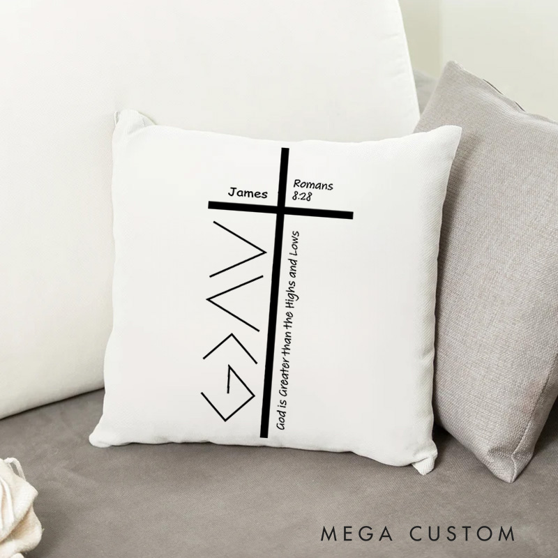 Personalized God Is Greater Than the Highs and Lows Throw Pillow Romans 8:28 Bible Verse Pillow with Name Religious Gift for Christians
