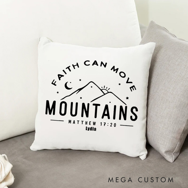 Personalized Faith Can Move Mountains Bible Verse Throw Pillow with Mountains and Stars Pattern Custom Name Pillow Birthday Gift for Christians