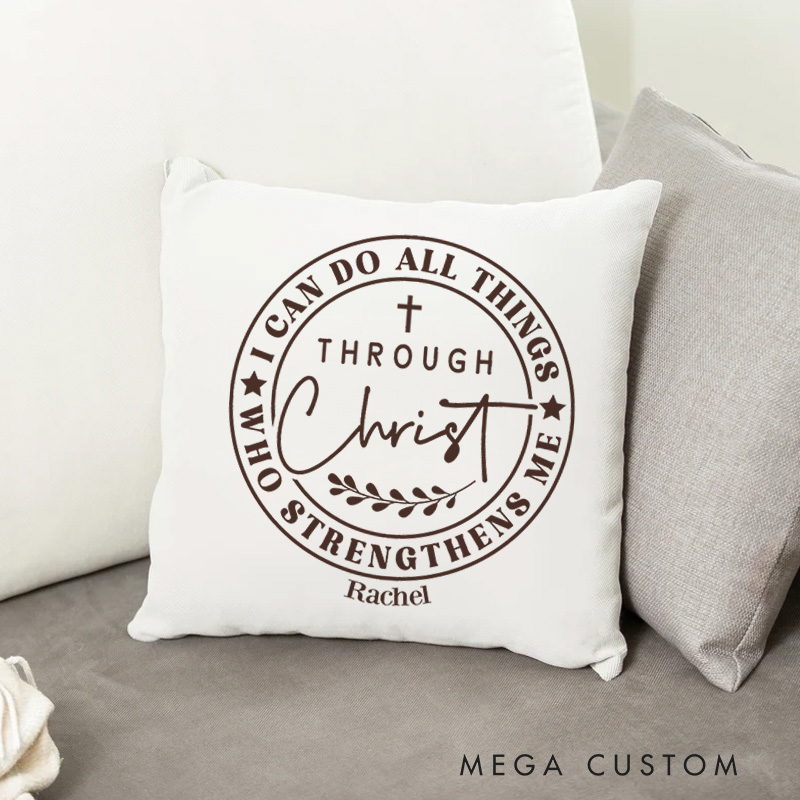 Personalized I Can Do All Things Through Christ Who Strengthens Me Throw Pillow with Cross and Laurel Branch Design Christian Gift for Family