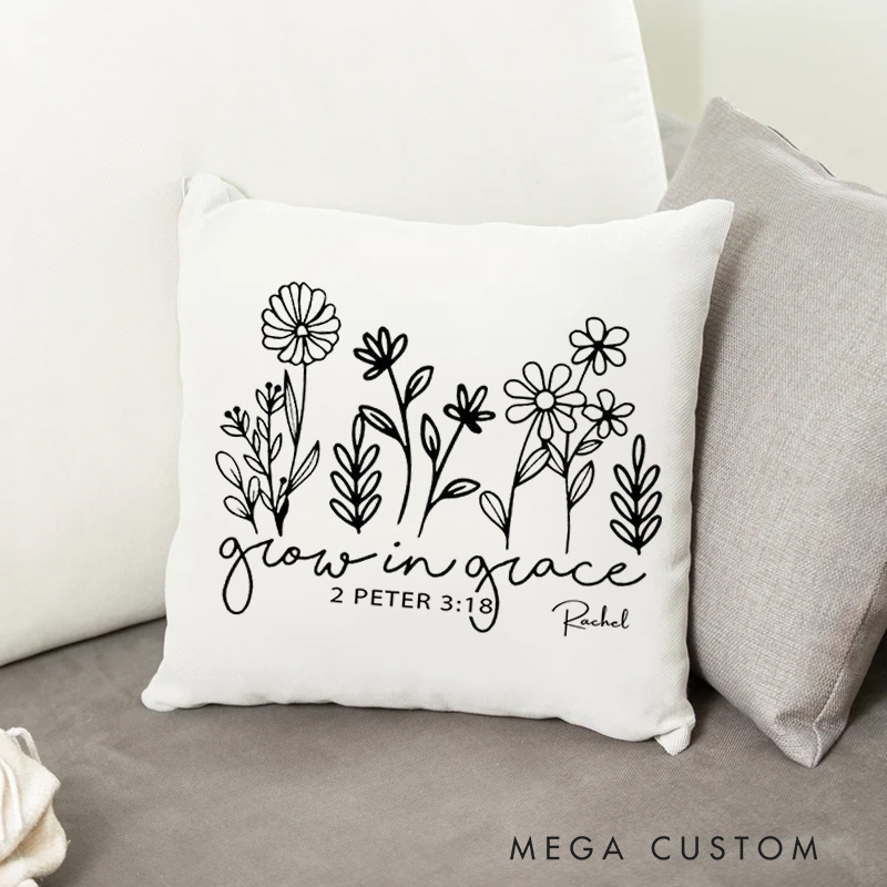 Personalized Grow in Grace Throw Pillow with Name Floral Pattern Pillow Home Decor Birthday Gift Religious Gift for Women