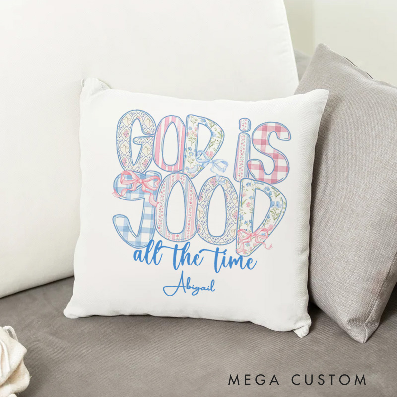 Personalized God Is Good All the Time Throw Pillow with Name Pastel Color Gingham Patterns Pillow Christian Gift for Girls