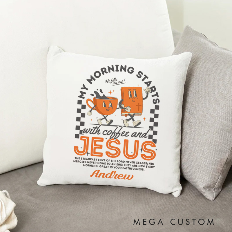 Personalized Coffee and Jesus Throw Pillow with Name Retro Christian Pillow Faith Based Gift Birthday Gift for Christians